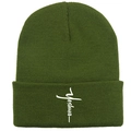 Armeegrüner Strickbeanie mit weißer Yeshua-Kreuz-Stickerei für warme Wintertage - Armeegrün