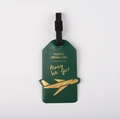 Green PU leather travel luggage tag with golden airplane print and black buckle strap - Green