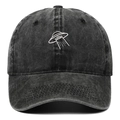 Gewaschene schwarze Vintage Baseballkappe mit weißer UFO Stickerei auf 6-Panel Krone - Schwarz