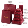 Dark red textured paper jewelry gift box set with golden logo and matching tote bags - 8.5x8.5x3.5cm / Burgundy