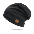 Gorro de punto negro de estilo hip-hop con etiqueta de cuero F&S para deporte y calle - Negro