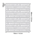 Detail showing 1 and 2 inch alphabet stickers size chart with precise metric measurements - White