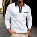 White long sleeve men's polo shirt with black contrast collar and zipper pocket detail - S / White and Black