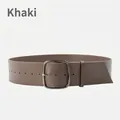 Women's wide khaki genuine leather belt featuring a dark silver square pin buckle - 115cm / Khaki