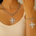 Silver-plated spiral cross necklace and bracelet set with elegant pearls on model - Silver Earrings+Necklace (Pearl Cross)