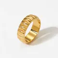 Golden plated 316 stainless steel wide band ring with elegant ribbed relief pattern - Croissant Ribbed Style (KBJ420)
