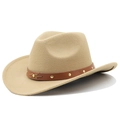 Dettaglio cappello da cowboy in feltro beige con fascia in pelle marrone e borchie - M (56-58 cm) Regolabile / Cammello