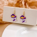 Halloween ghost earrings with purple wizard hat and pumpkin charms on gold hooks - Ghost with Purple Hat
