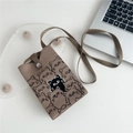 Detail of a brown knitted crossbody phone bag featuring a cute cat jacquard pattern and strap - Brown Cat