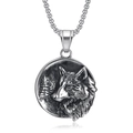 Vintage silver Nordic wolf and pine tree relief pendant with a classic link chain - Wolf Head and Pine Pendant (C0307-1)