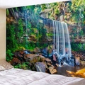 Forest waterfall wall tapestry landscape backdrop for bedroom dorm decor - Deep Forest Green Waterfall