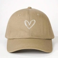 Close-up of khaki cotton baseball cap featuring white embroidered heart on the front panel - One Size / Dark Khaki