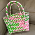 Handwoven basket bag in pink green and white checker pattern with sturdy top handles - Small (No Bow) / Pink and Green