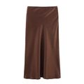 Brown satin midi skirt with black polka dot pattern and smooth silky texture finish - XS / Bottoms / Dark Brown Polka Dot