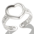 Adjustable silver stainless steel open ring featuring a hollow heart and wave pattern - Style E Steel Color