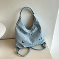 Light blue versatile hobo bag with metallic butterfly accents and pleated texture - Blue (Without Charm)