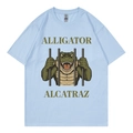 Light blue crew neck t-shirt featuring a fun cartoon alligator alcatraz graphic print - Light Blue