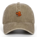Close-up of orange squirrel embroidery on a vintage washed khaki cotton baseball cap - Adjustable / Khaki