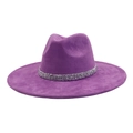 Detail of purple faux suede fedora hat with sparkling rhinestone band on white background - 58 / Medium Purple