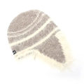 Close-up of color-block plush knit trapper hat with vivi logo and faux fur earflaps - Khaki