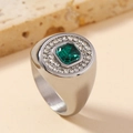 Silver signet ring with square green gemstone and sparkling diamond accents - 6 / Steel (Micro-Pave + Green Gemstone)