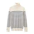 Women's slim fit turtleneck striped knit sweater with gold buttons on cuffs - Striped