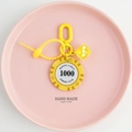 Detail view of a yellow poker chip keychain with a translucent dice and a plastic carabiner - Transparent Yellow Dice with Spring Rope / Yellow-1000 Value