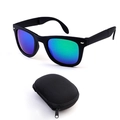 Classic folding black sunglasses with blue-green gradient lenses and a protective zipper case - Black Frame Green Mirror Lens