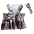 Navy plaid pet harness dress and leash set with bow and breathable mesh lining - Navy Blue Dress Set