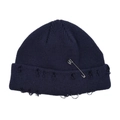 Navy blue ribbed knit beanie with silver safety pin and metal rings in punk style - One Size / Navy Blue