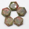 Five hexagonal faceted natural crystal star stones with green and red moss agate patterns - Unakite