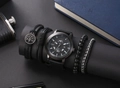 Men's SOKI black quartz watch and four leather bead bracelet set with silver accents - Black