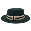 Dark green wool felt boater hat with a striped ribbon band in a classic vintage style - One Size 58cm Circumference / Dark Green