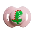 Pink silicone baby pacifier featuring a cute green dinosaur cartoon character and air holes - Unicorn Pacifier / Pink