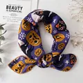 Purple Halloween cotton linen square scarf with cartoon pumpkin and black cat prints - Halloween Pumpkin Black Cat