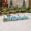 Light blue wooden Christmas train ornament with snowmen and golden wheels decoration - 4 Segments / Blue
