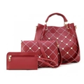 Burgundy 3-piece bag set with white quilted stitching and elegant pearl decorations - Red