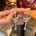 Boucles d'oreilles papillon à pampilles avec gouttes de zircon argenté étincelantes - 50# Boucles d'oreilles pendantes papillon zircone blanc doré (aiguille en argent)
