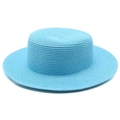 Detailed close-up of light blue boater hat showing fine woven straw texture and flat top - M (56-58cm) / Lake Blue
