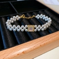 Double-row white pearl bracelet with a gold square shell inlay and zircon accents - Artificial Pearl Bracelet Style 89