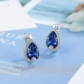 Elegant pear-shaped deep blue crystal drop earrings with white halo and silver finish - Sapphire Blue Diamond Earrings Led-125