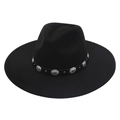 Detail view of wide brim black felt fedora hat featuring silver embossed metal accents - Black
