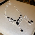 Silver crystal jewelry set with black stones and leaf pattern necklace and earrings - Rhinestone V-Shape Tassel Earrings Necklace Set (2-Piece - White Zircon)
