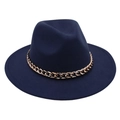 Detail of dark blue wool fedora featuring a decorative chunky gold metal chain - Navy Blue
