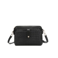 Black woven crossbody bag featuring dual pockets, golden hardware, and a textured finish - Black