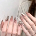 Faux ongles amande œil de chat longs avec paillettes argentées, pois noirs et strass - Toutes Tailles / Style Pois Strass / Pack de 30 / Noir Or (BY1499)