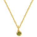 Golden December birthstone necklace featuring a round green gem and twisted rope chain - August