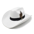 Classico cappello da cowboy in feltro di lana bianco con nastro nero e piuma naturale - M (56-59cm) / Bianco
