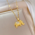 Macro shot of gold elephant pendant with square-cut sparkling zircon on titanium steel chain - Gold Elephant Pendant (D314)