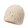 Winter knit beanie for women in cream white with pearls and hollow leaf pattern - Beige